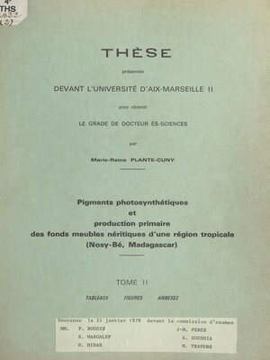 cover image of Pigments photosynthétiques et production primaire des fonds meubles néritiques d'une région tropicale (Nosy-Bé, Madagascar) (2)